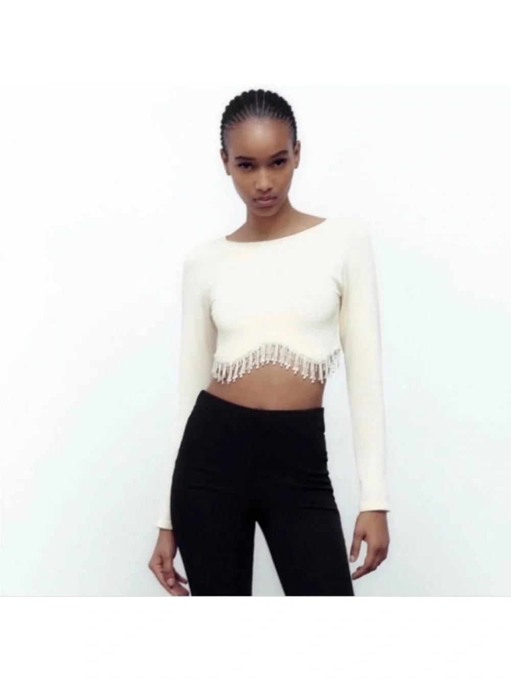 Zara Cream Cropped Long-Sleeve Top with Beaded Fringe